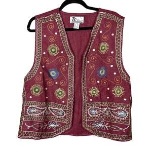 Vintage Embroidered Wool Vest Burgundy Size Large